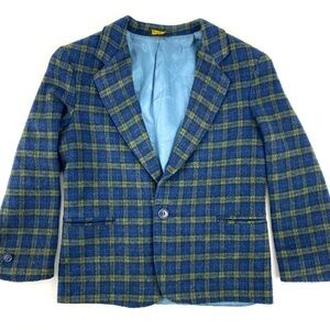 Vintage Izod Boys Plaid Wool Blend Blazer in Olive Green Blue Size 6 Made in USA